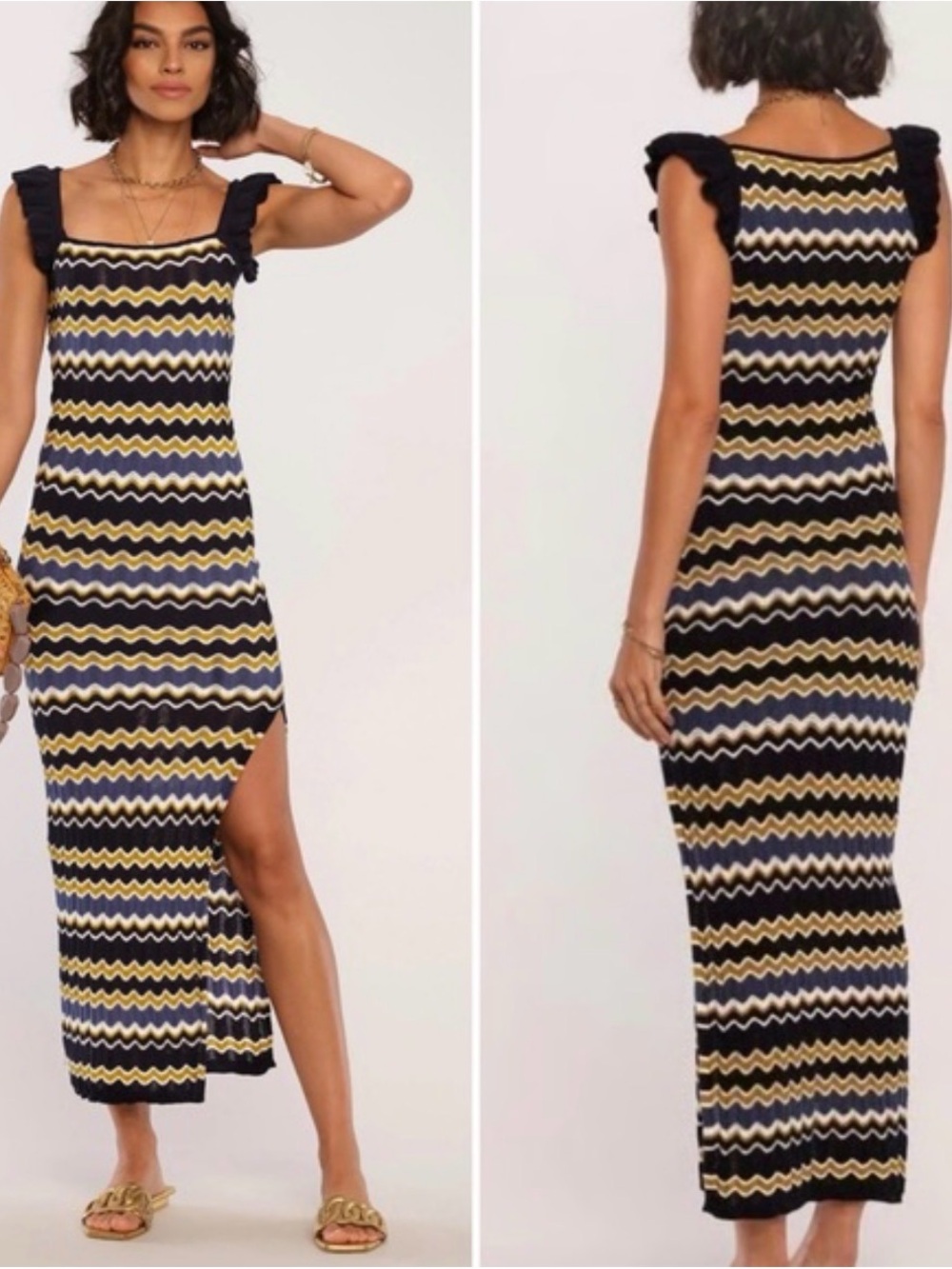 Heartloom Bennet Dress in navy wave chevron pattern featuring ruffle straps Sz M